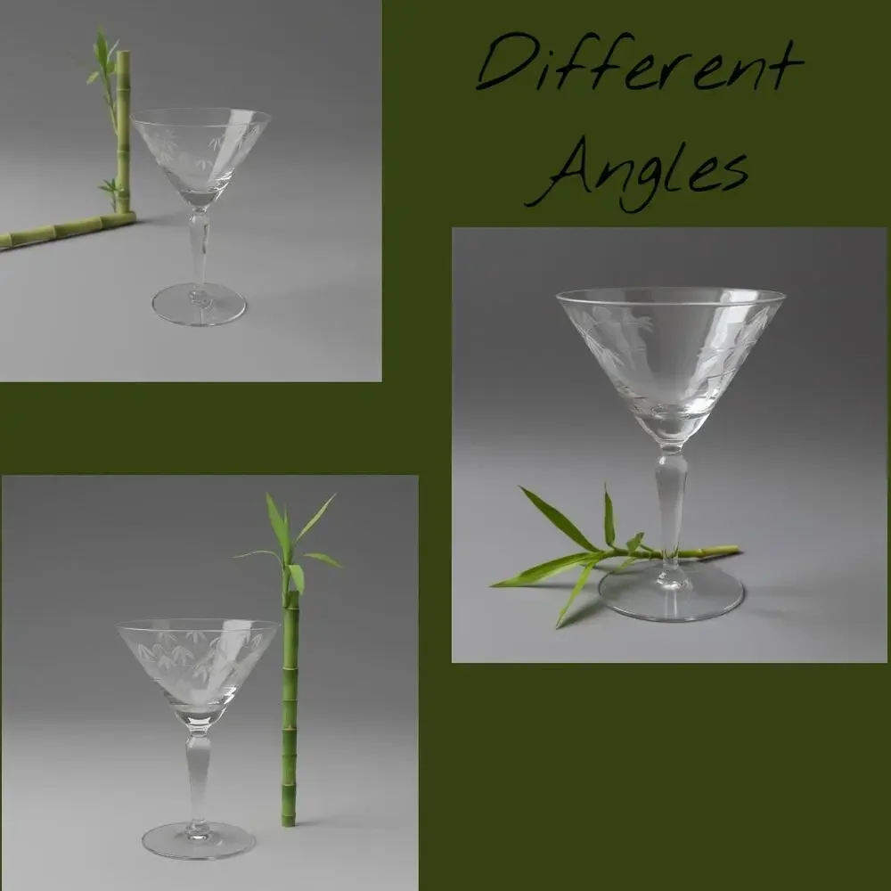 Sasaki Noritake Bamboo Etched Crystal Martini Cocktail Stemmed Glasses Set 3-MCM